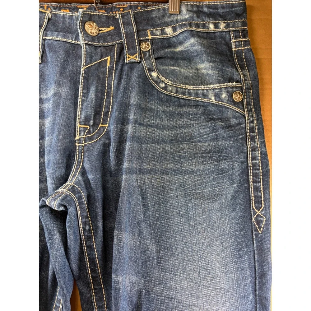 Rock Revival Curtis Straight Jeans Mens 36 Blue Distressed Thick Stitch Denim